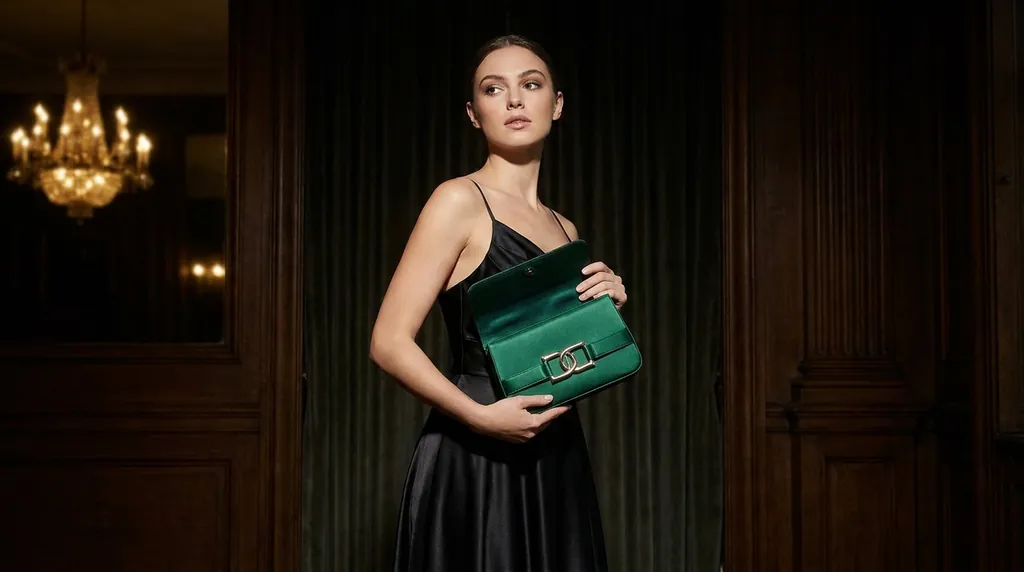 Model in a black slip dress holding an emerald Dorélle bag