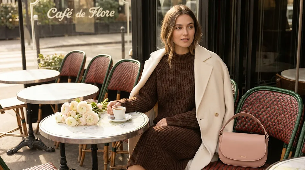Model seated at a Left Bank café with a blush Dorélle bag
