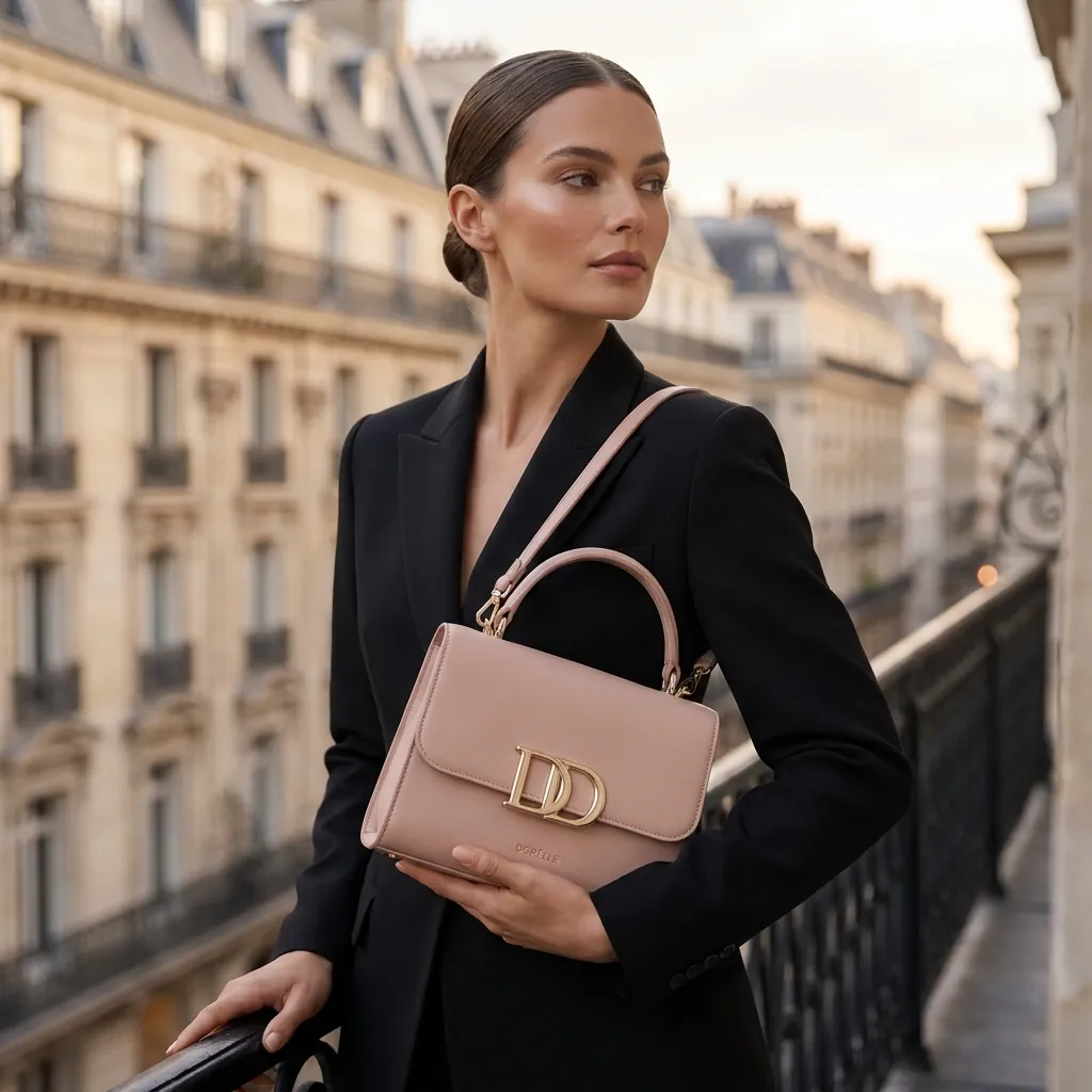Woman in a black suit on a Haussmann balcony holding a blush bag