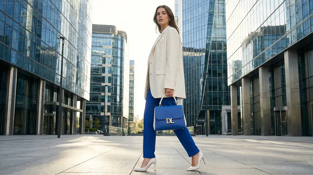 Woman in a white suit carrying a cobalt bag among glass towers