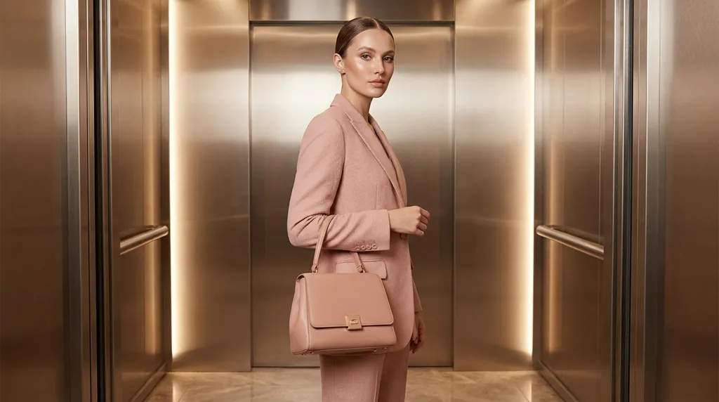 Woman in a blush suit inside a mirrored elevator with a rose bag