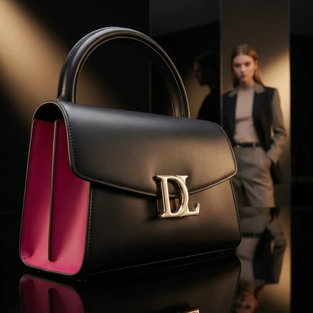 Noir Sculpt bag in black leather with fuchsia panels