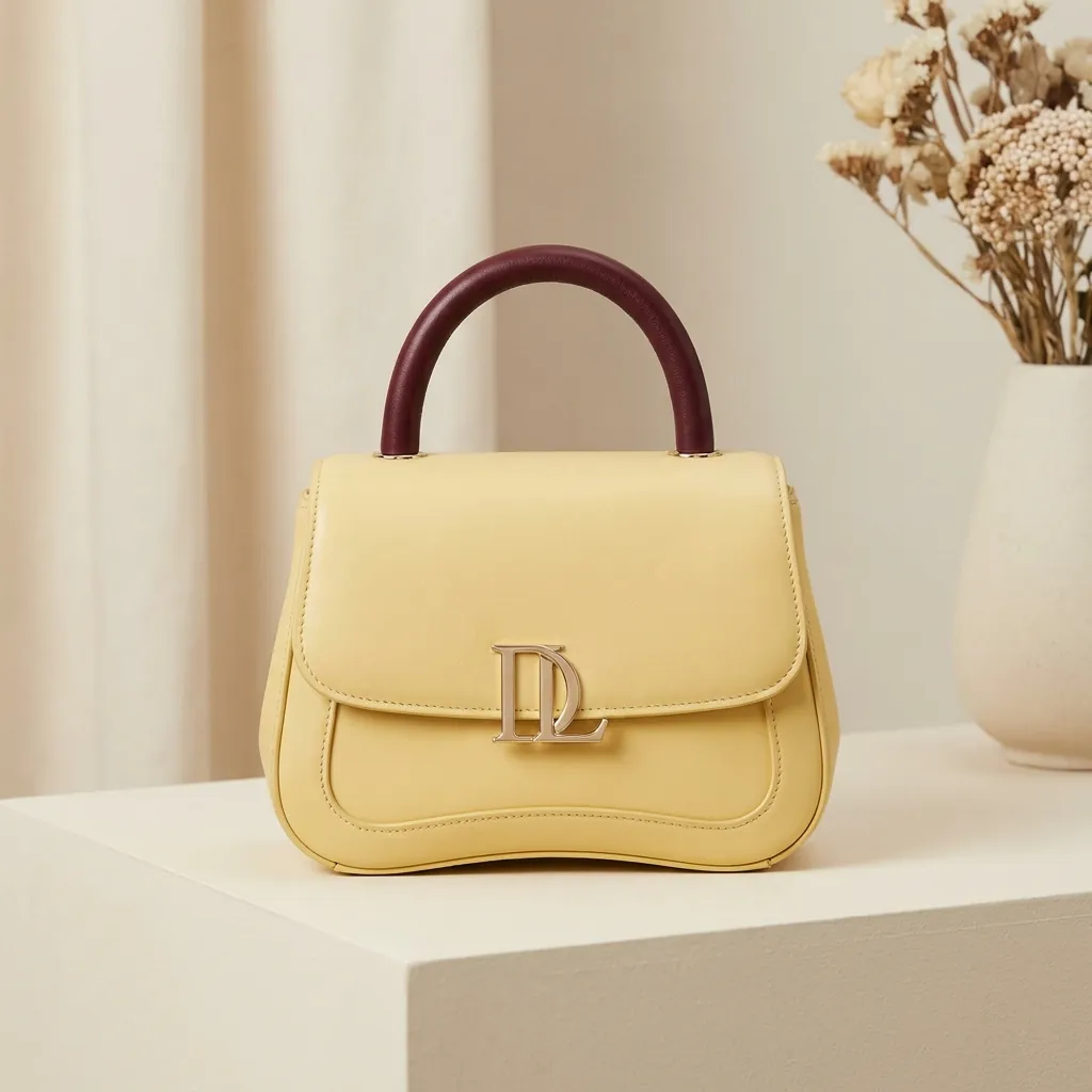 Soleil bag in butter yellow leather with bordeaux handle